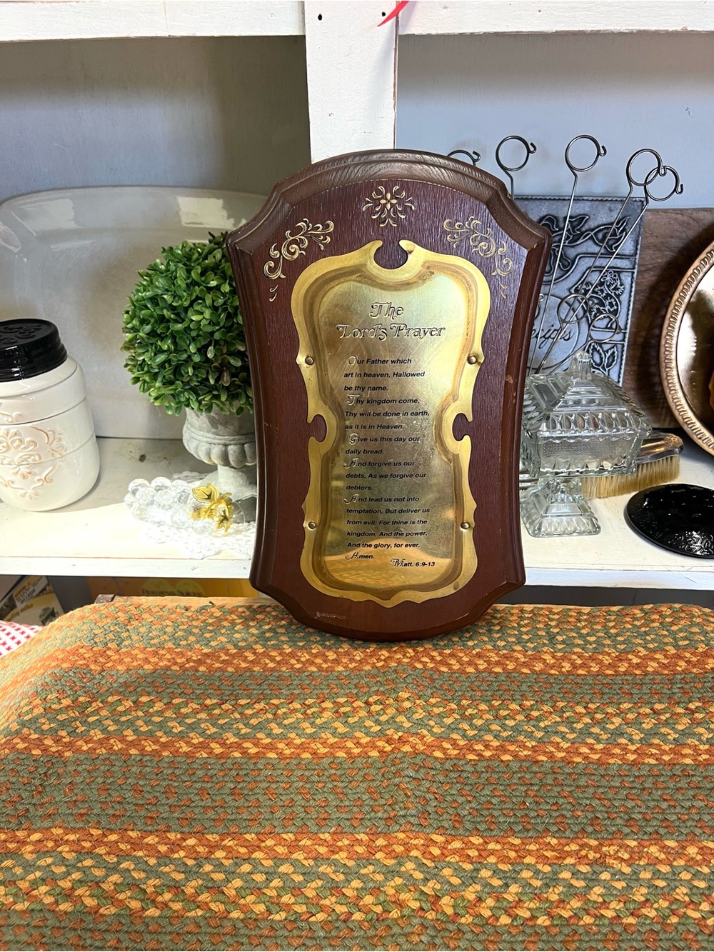 Vintage The Lord’s Prayer wood brass home interior wall decor